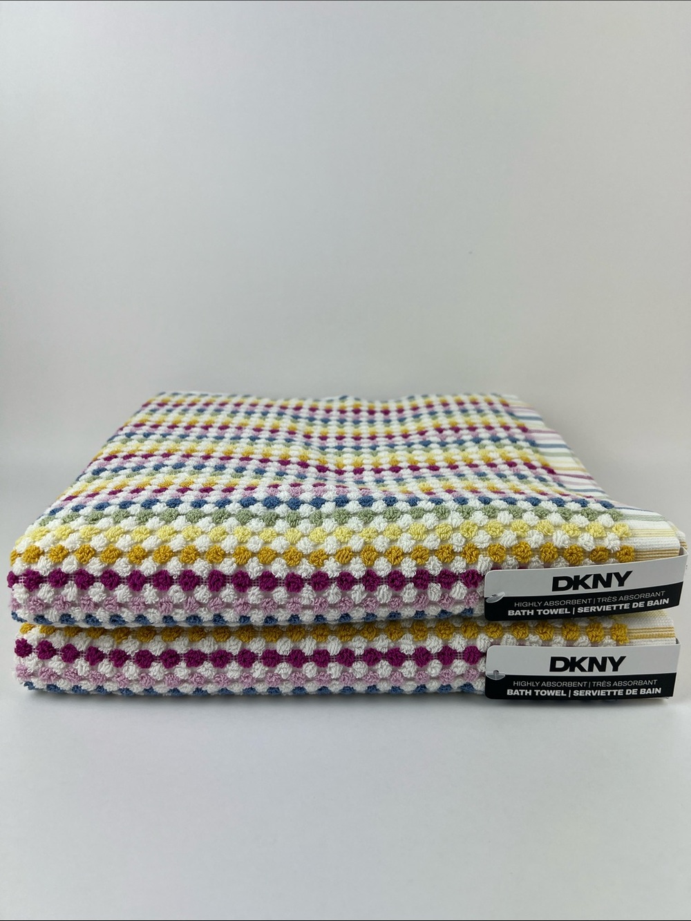 DKNY Bath Towels Multi Color Stripes & Dots Soft 100% Cotton 2 Pc Set NEW